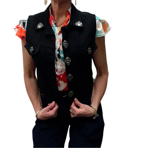 Vintage Watch LA Black Denim Festival Western Biker Y2K Vest with Silver Accents - Picture 2 of 14